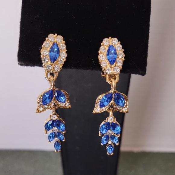 Jewelry - Dazzling Cobalt Blue and Clear Rhinestones Dangle Gold Tone Clip Earrings